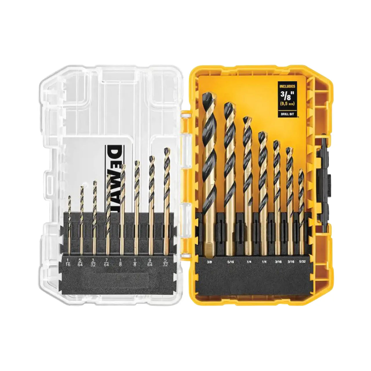 A yellow and clear plastic case with the lid open displays the Go Build Black and Gold Drill Bit Set (15-Piece), showcasing high speed steel bits organized by size from smallest to largest.