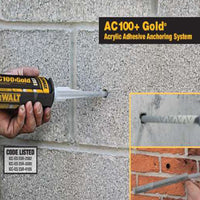 A person uses the DEWALT 8578SD-PWR AC100+ Gold Injection Adhesive 14oz to inject adhesive around a threaded rod in a concrete wall, with inset images showing its application on various wall types.