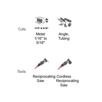 Icons indicate cutting tools and their uses. The top row shows a Universal rigid 3 3/8 in. with ultra hardened edges and Angle finding. The bottom row features Diablo DIABLO DS0414BF5 bi-metal reciprocating saw blades with variable tooth tech and a cordless saw.