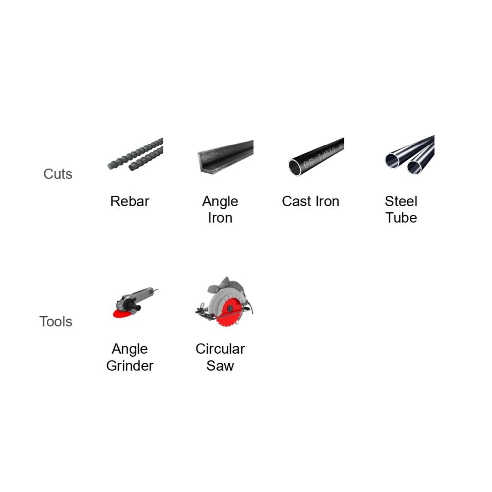 Image showcasing cuts and tools: Rebar, Angle Iron, Cast Iron, Steel Tube, each with images. Featuring an Angle Grinder and Circular Saw equipped with DIABLO DDD060DIA101F 6 in. Diamond Metal Cut-Off Disc by Diablo for long cutting life and durability.