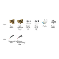 The diagram displays a woodworking plan with images of clean wood, nail-embedded wood, veneer MDF, metal sections, and plastic cuts. Tools include a saw and the DIABLO DS0014S 14-Piece Bi-Metal Reciprocating Saw Blade Set by Diablo. Labels specify dimensions and materials for precision crafting.