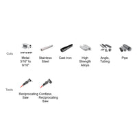 The image displays mechanical components and tools with labels, including items like stainless steel and cast iron pipes. Featured are refrigerating and gardening tools, highlighted by Diablos 6 in. 8TPI AMPED™ Steel Demon™ Carbide Teeth Reciprocating Saw Blades for Thick Metal (3-Pack).