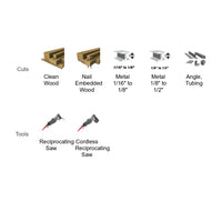 A project flowchart lists green wood, red wood, 8 1/2 or 11 paper sheets, and a 12 metal ruler. Essential tools are a non-conductive saw, metal-cutting saw, and Diablos DS006S 6-piece bi-metal reciprocating saw blade set for cutting nail-embedded wood.