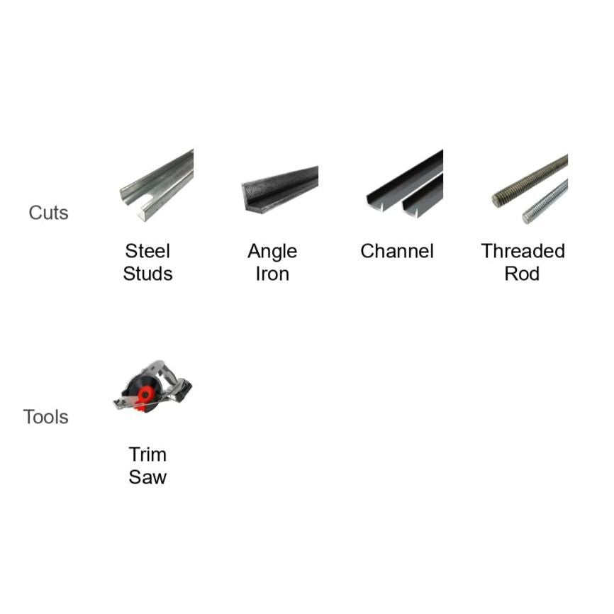 The image shows labeled items: the Cuts section includes Steel Studs, Angle Iron, Channel, and Threaded Rod with burr-free cuts; the Tools section highlights a Trim Saw equipped with a Diablo DIABLO D053830FMX 5-3/8 in. x 30-Teeth Steel Demon™ Carbide Saw Blade for precision in medium metal.