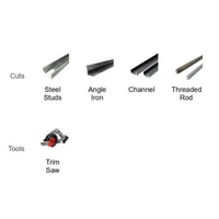 The image shows labeled items: the Cuts section includes Steel Studs, Angle Iron, Channel, and Threaded Rod with burr-free cuts; the Tools section highlights a Trim Saw equipped with a Diablo DIABLO D053830FMX 5-3/8 in. x 30-Teeth Steel Demon™ Carbide Saw Blade for precision in medium metal.