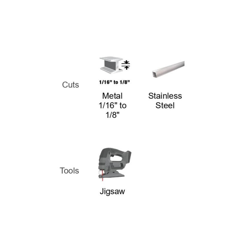 Diagram illustrating cutting tools with specifications. The top text reads Cuts, featuring small images of cut metal labeled Metal 1/16 to 1/8 and Stainless Steel. Below, it states Tools, showcasing Diablos DIABLO DJT118EHM 3-1/4 in. carbide T-shank jigsaw blade for precise medium metal cutting.
