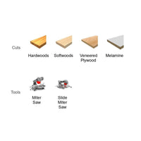 Diagram illustrating cuts in hardwoods, softwoods, veneered plywood, and melamine using a miter saw and Diablos DIABLO D12100X 12 in. x 100-Teeth Ultimate Polished Finish Saw Blade for a refined finish.