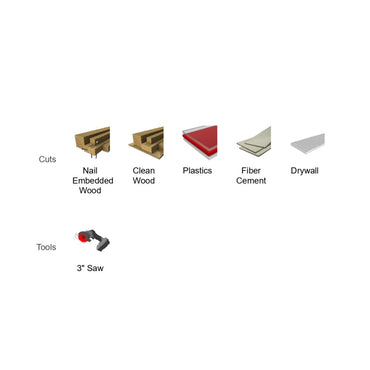 The image features the Diablo DIABLO DCW030CAR101F 3-Inch Carbide Grit Multi-Material Cut-Off Disc, adept at cutting nail-embedded wood, clean wood, plastics, fiber cement, and drywall with precision and durability.