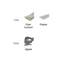 An image shows labeled items: Fiber Cement and Plaster under Cuts. Below is a jigsaw tool icon labeled Jigsaw under Tools, indicating the use of the DIABLO DJT141HM 4 in. 6TPI Carbide Jig Saw Blade by Diablo for excellent cutting life.