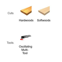 The diagram shows two wood types under Cuts: Hardwoods and Softwoods with matching planks. In the Tools section, the DIABLO DOU125JBW 1-1/4 in. Demo Demon™ blade by Diablo is showcased, highlighting its universal fit and ultra-hardened edge for precision cuts on clean wood.