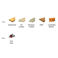 Illustration showcasing various cuts like Hardwoods, 2X Lumber, Pressure Treated, OSB, and Laminated Beams. The tools section features a Diablo 6 in. x 20-Teeth Framing Saw Blade for Wood with TiCo Hi-Density carbide framed in Perma-SHIELD non-stick coating.