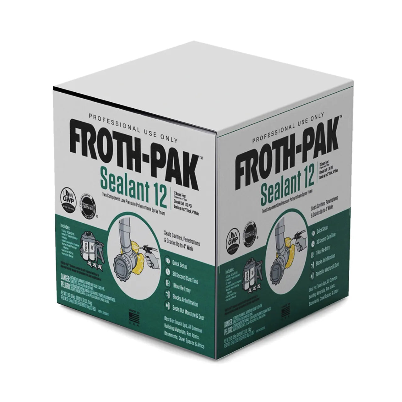 A square box from Go Build, The Fastest Way To Build, labeled Froth-Pak Low GWP Sealant 12 Spray Foam Insulation Kit, designed for professional use, displays sealed pipe images and highlights quick setup, airtight seal, and UL certification in green and white packaging.