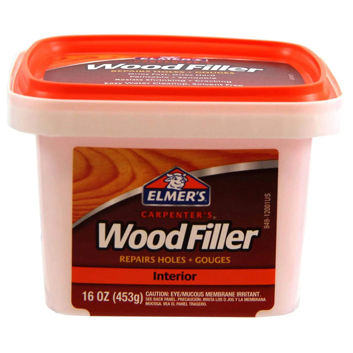 Elmer’s Carpenter’s Wood Filler – 16 oz by Elmer's is designed for interior wood repair, comes with an orange lid and a label reading "Repairs holes + gouges," plus caution warnings at the bottom.