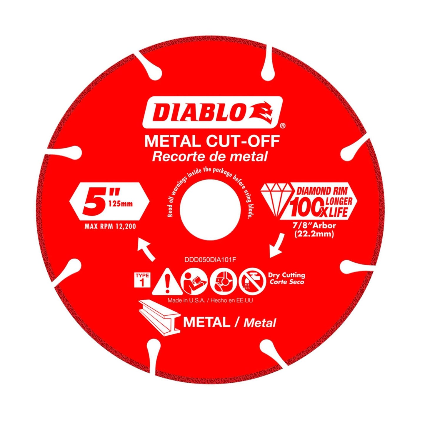 Image of the Diablo DDD050DIA101F 5-inch diamond metal cut-off disc. It features a red design, a diamond rim for durability and long life, max RPM of 12,200, ideal for metal cutting with its 7/8 arbor. Designed for dry cutting and made in the USA.