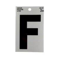 The image features a package of Simpson Strong-Ties EVERBILT 3 in. Vinyl Reflective Letter F, designed for improved visibility and safety. The white packaging has black text and a circular hole at the top for easy hanging.