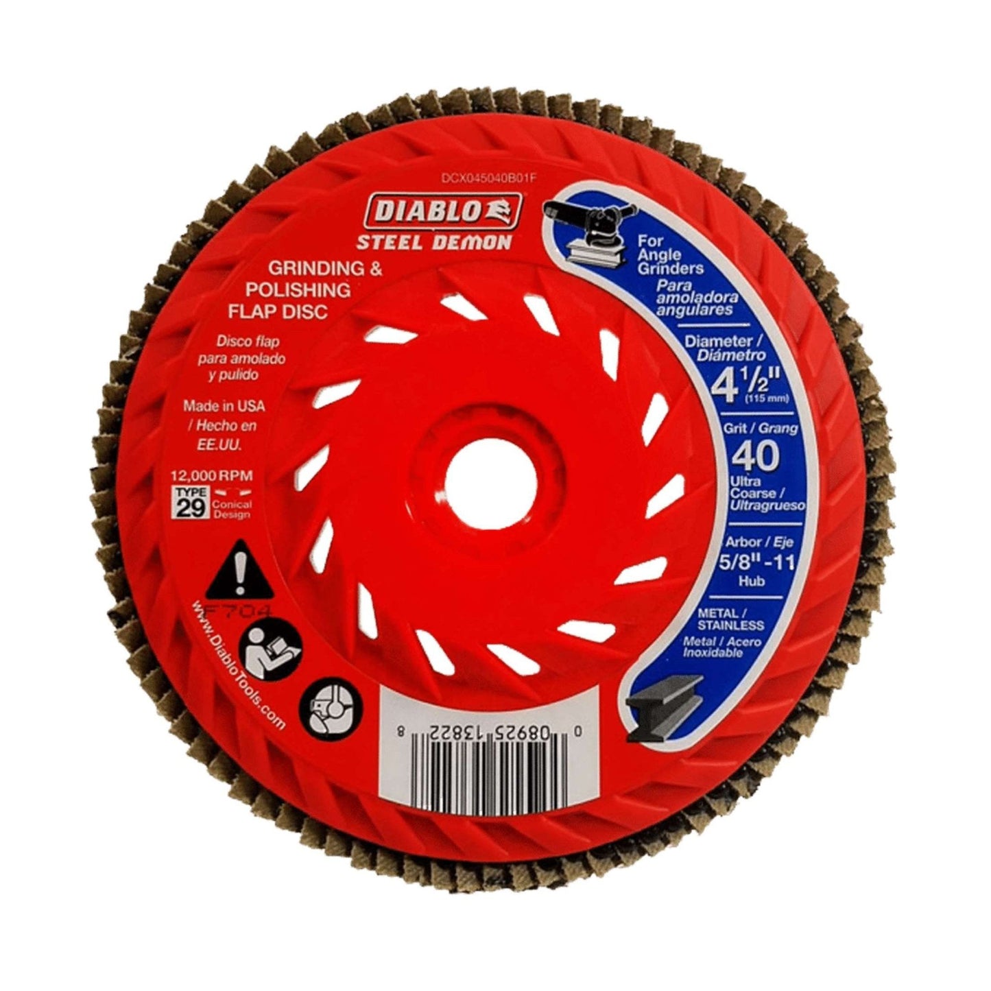 The DIABLO DCX045040B01F 4-1/2 in. 40-Grit Steel Demon™ Flap Disc for Metal with Speed Hub by Diablo is red, features a zirconium grain blend, includes English and Spanish text, and has a barcode at the bottom. Perfect for metalwork.
