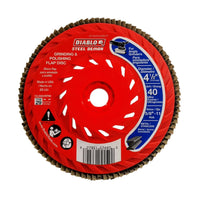 The DIABLO DCX045040B01F 4-1/2 in. 40-Grit Steel Demon™ Flap Disc for Metal with Speed Hub by Diablo is red, features a zirconium grain blend, includes English and Spanish text, and has a barcode at the bottom. Perfect for metalwork.