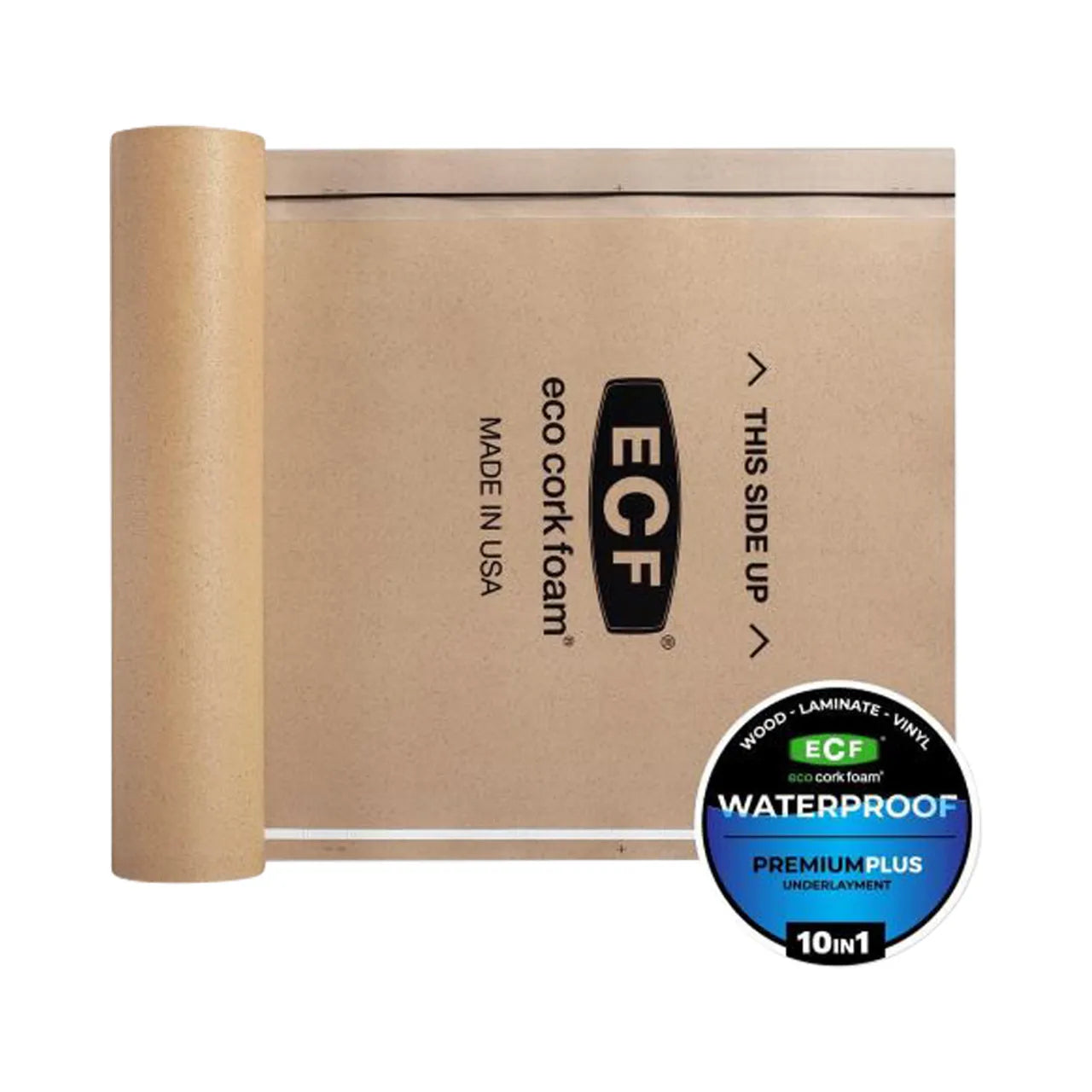 A roll of Go Build 3.2 mm x 3 ft. x 25 ft. (75 sq. ft.) Waterproof Premium Plus 10-in-1 Underlayment for vinyl plank, laminate, and engineered wood, featuring sound absorption and Made in the USA labeling.