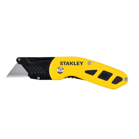 A STANLEY STHT10424 Compact Blade Folding Knife in yellow and black, featuring a retractable blade, is shown closed against a white background.