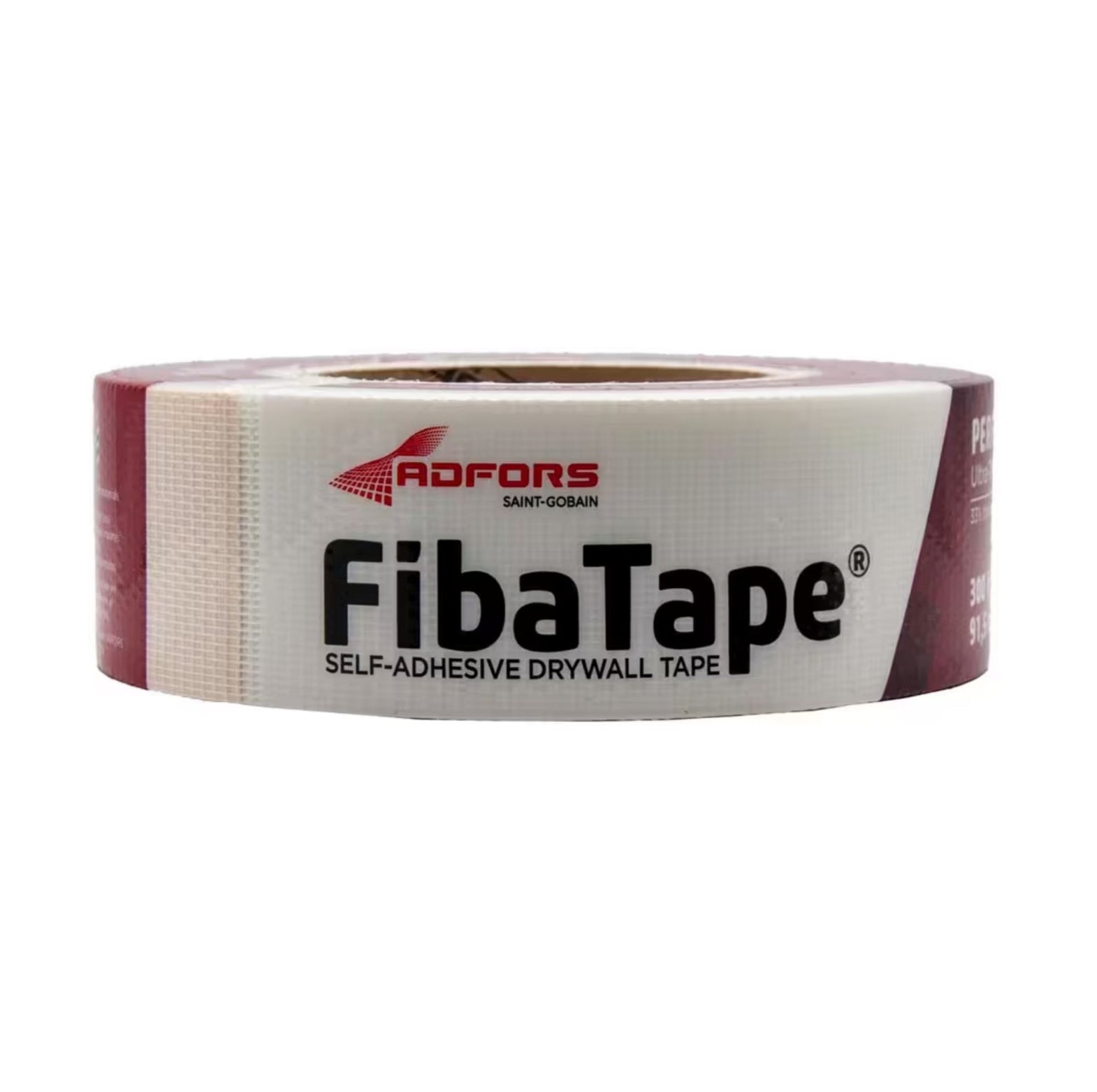 A roll of ADFORS FibaTape FDW8654-U Perfect Finish Ultra Thin Drywall Tape, 1-7/8 in. x 300 ft., featuring ultra thin fiberglass mesh and distinctive white and maroon ADFORS branding.