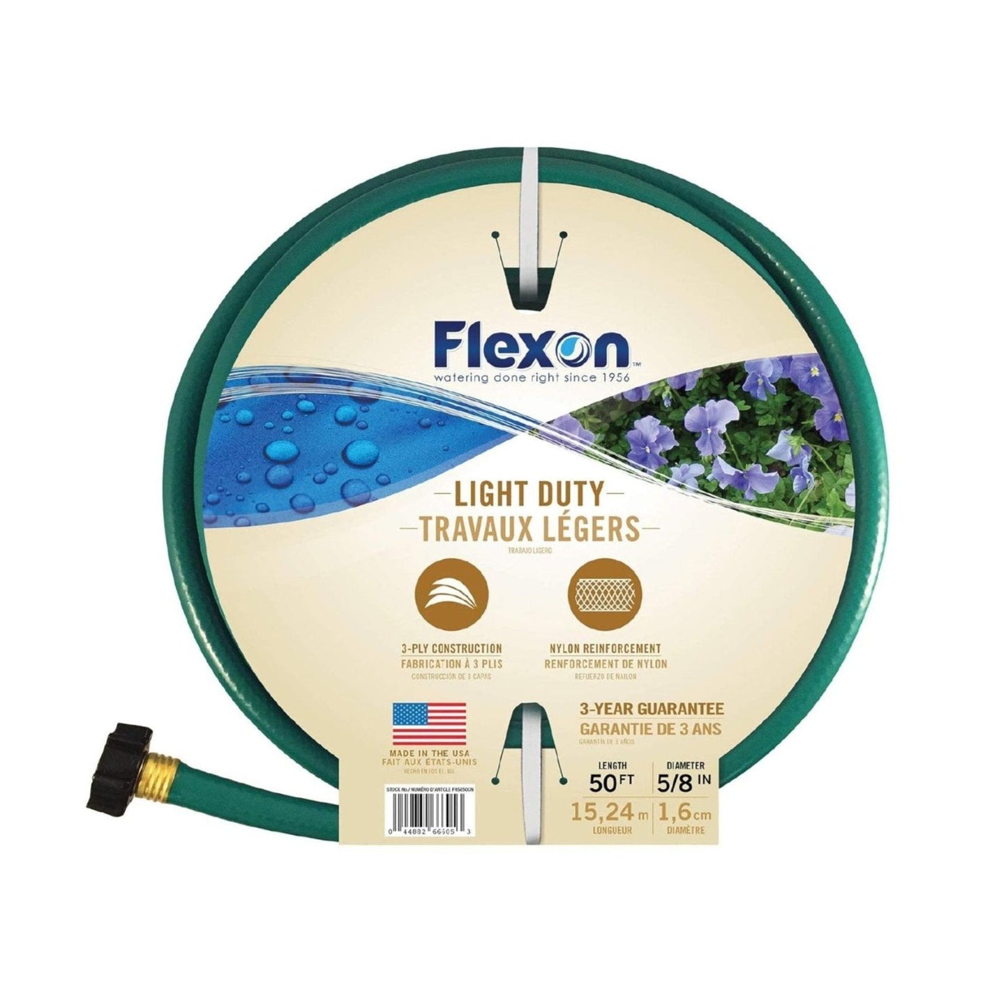 The image shows the FLEXON FR5850CN 3-ply light duty garden hose, renowned for its flexibility and a 2-year warranty. Measuring 50 ft in length and 5/8 inches in diameter, this green hose features durable brass coupling.