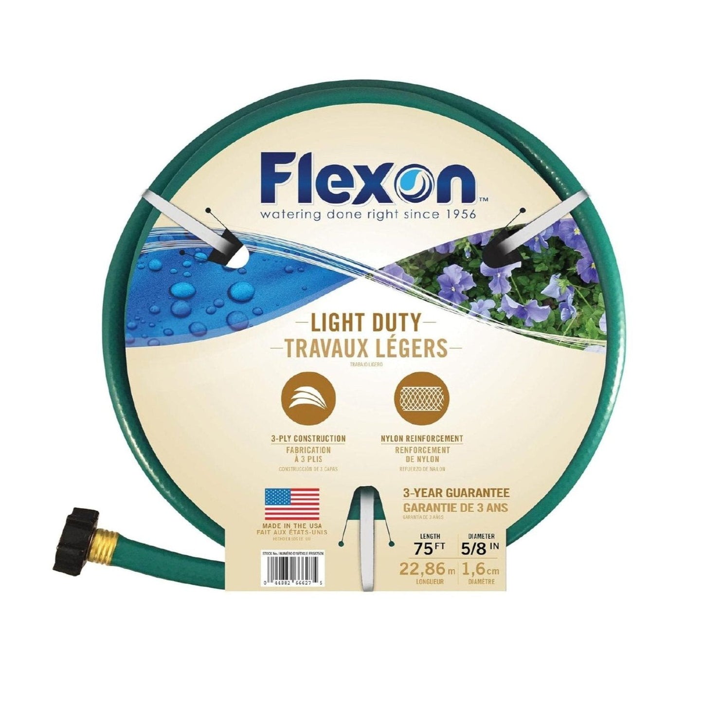 The FLEXON FR5875CN is a 75-foot, 5/8-inch green garden hose with a floral label and is designed for light-duty tasks. Featuring weather resistance, a durable 3-ply construction, and a 3-year guarantee, it effortlessly combines functionality with aesthetics.