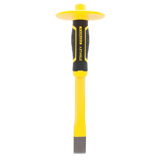 The 1 IN STANLEY® FATMAX® Cold Chisel with Guard features a protective hand guard and flat tip, made from hardened steel for heavy-duty metalworking.