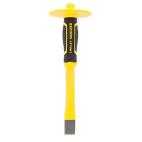 The 1 IN STANLEY® FATMAX® Cold Chisel with Guard features a protective hand guard and flat tip, made from hardened steel for heavy-duty metalworking.