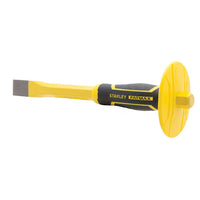 The 1 IN STANLEY® FATMAX® Cold Chisel with Guard features a flat, hardened steel blade, ergonomic handle, and round hand guard for safety in metalworking tasks. Brand: STANLEY.