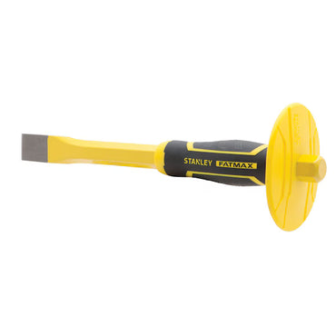 The 1 IN STANLEY® FATMAX® Cold Chisel with Guard features a flat, hardened steel blade, ergonomic handle, and round hand guard for safety in metalworking tasks. Brand: STANLEY.