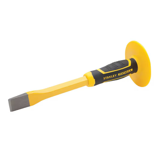 The 1 IN STANLEY® FATMAX® COLD CHISEL WITH GUARD features a flat, wide hardened steel blade and protective hand guard, making it ideal for metalworking tasks.