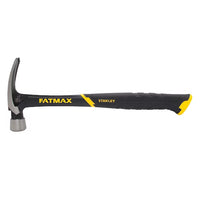 A 14 OZ STANLEY® FATMAX® HIGH VELOCITY HAMMER in black and yellow, featuring a forged steel head, curved claw, and ergonomic grip, is positioned horizontally against a white background.