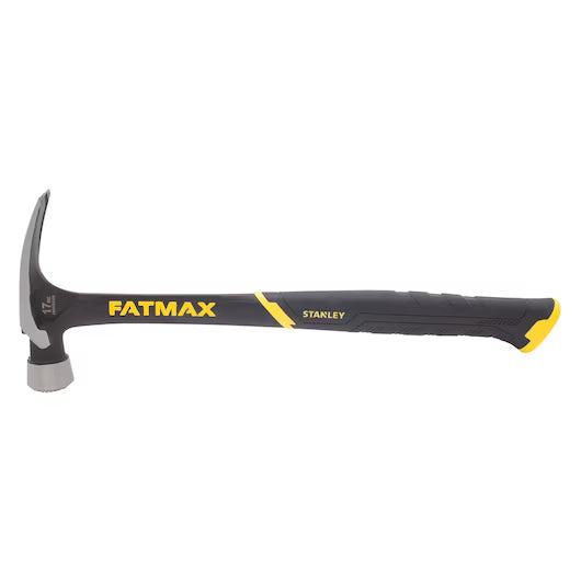 The 17 OZ STANLEY® FATMAX® High Velocity Hammer is a black and yellow tool with a curved claw, ergonomic handle, and forged steel head, ideal for heavy-duty construction or carpentry.