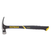The 17 OZ STANLEY® FATMAX® High Velocity Hammer is a black and yellow tool with a curved claw, ergonomic handle, and forged steel head, ideal for heavy-duty construction or carpentry.