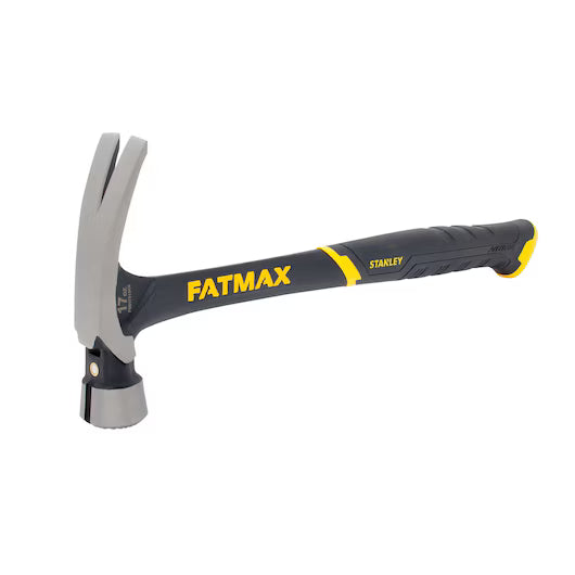 The 17 OZ STANLEY® FATMAX® HIGH VELOCITY HAMMER by STANLEY features an ergonomic black and yellow handle, forged steel head, and a curved claw for nail removal, displayed on a white background.