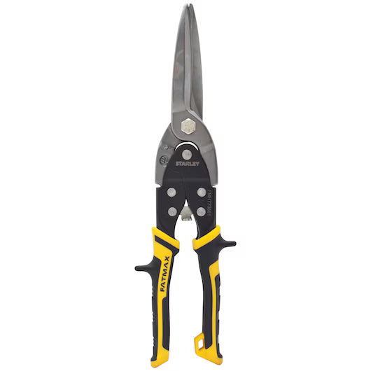 A pair of STANLEY® FATMAX® STRAIGHT LONG CUT SNIPS by STANLEY with black and yellow handles and silver blades, ideal for cutting sheet metal, is shown against a white background.