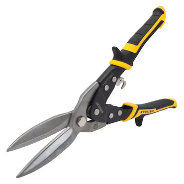 The STANLEY® FATMAX® STRAIGHT LONG CUT SNIPS by STANLEY feature stainless steel blades for precise cutting, black and yellow handles, and a safety lock.