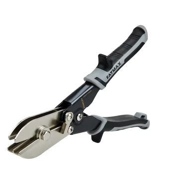 The STANLEY FATMAX SNIP CRIMPER is a metal sheet tool with black and gray handles, designed for cutting sheet metal. It features a spring-loaded handle by STANLEY for added leverage.