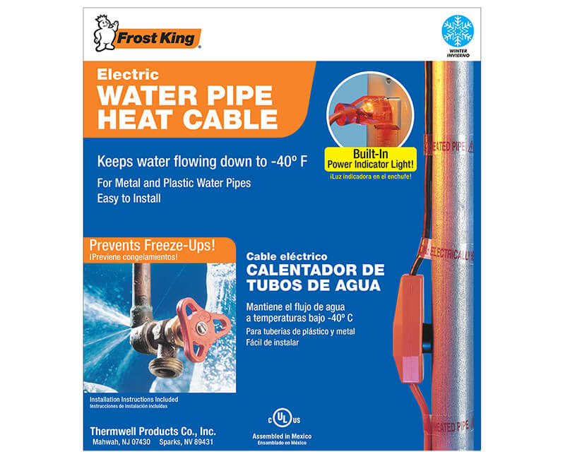 Packaging for FROSTKING ELECTRIC WATER PIPE HEAT CABLE 6FT by Go Build Supply, The Fastest Way To Build, shows cable wrapped on a pipe. Features freeze protection to -40°F, power indicator light, and stops pipe freeze-ups.