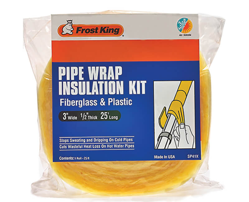 The Go Build Supply FROSTKING Fiberglass Pipe Wrap Kit (3" x 1/2" x 25') with plastic vapor barrier provides freeze protection insulation for pipes.