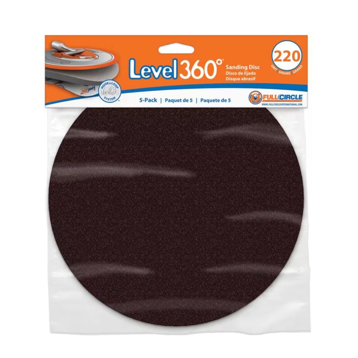 The FULL CIRCLE SD220-5 pack showcases five 8-3/4 inch sanding discs with a durable hook and loop design, featuring 220 grit aluminum oxide. Packaging highlights Level 360 and brand name FULL CIRCLE.