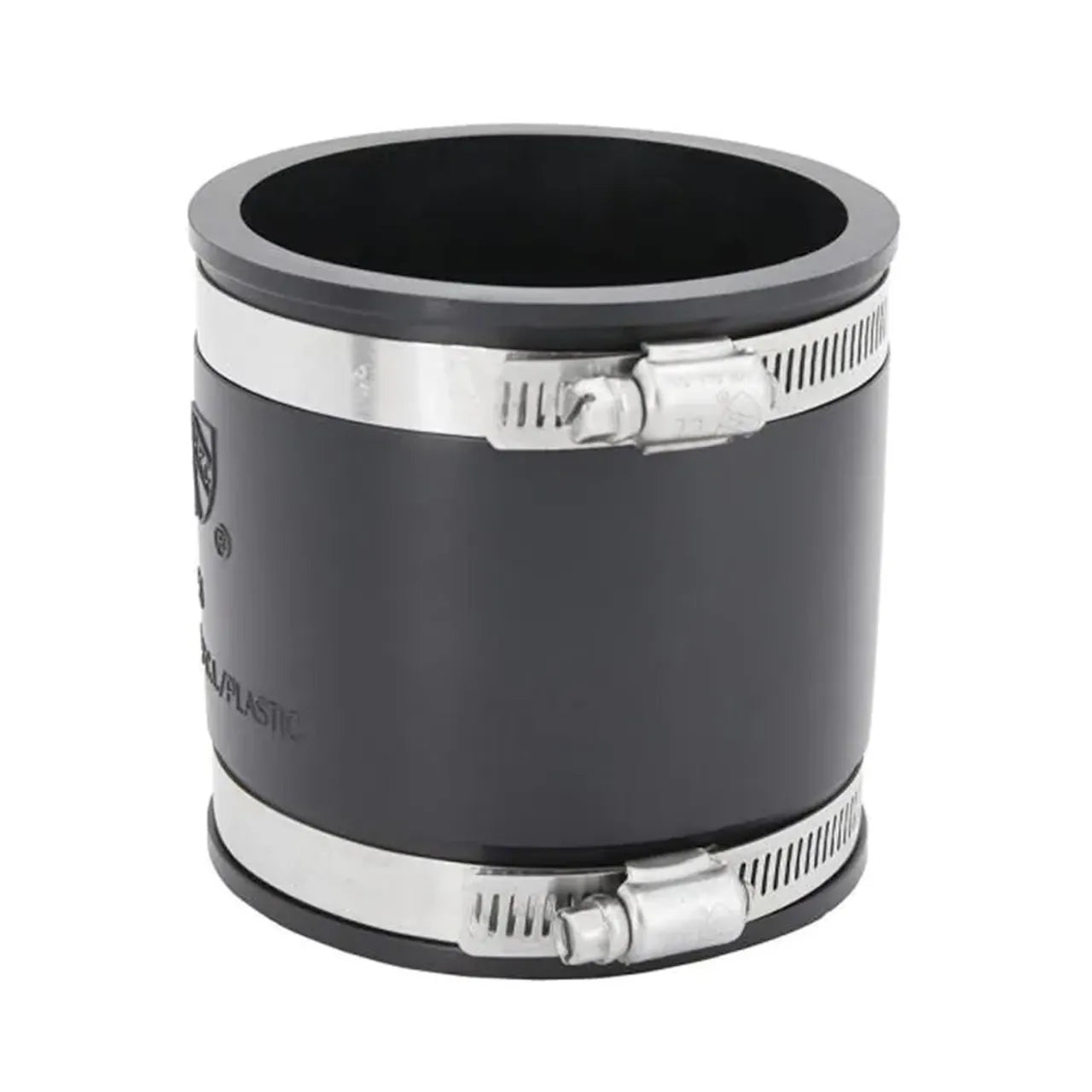 A Go Build 4 in. Flexible PVC Coupling, featuring two stainless-steel clamps, is shown standing upright on a white background.