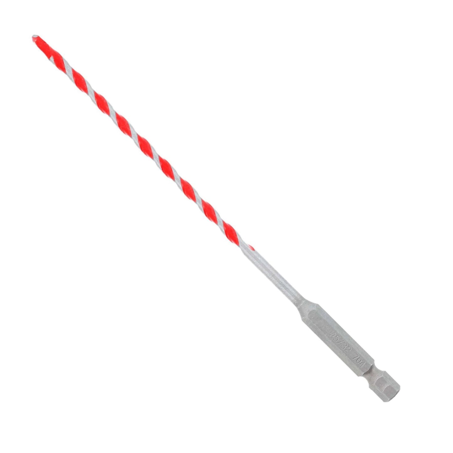The Diablo DMARG1020 5/32 in. SPEEDemon™ Red Granite Carbide Tipped Hammer Drill Bit, featuring a red and silver spiral design and durable carbide tip, is expertly crafted for precision and seamless insertion into a drill chuck against a white background.