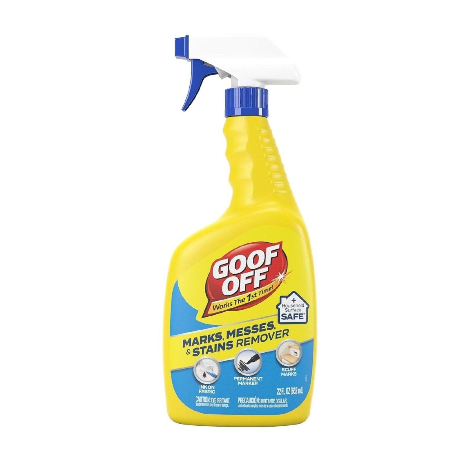A yellow 22 oz. spray bottle of GOOF OFF FG659WM Heavy Duty Spot Remover and Degreaser featuring a white and blue nozzle, emphasizing its stain-removing power with illustrations of surfaces such as walls and carpets for easy use.