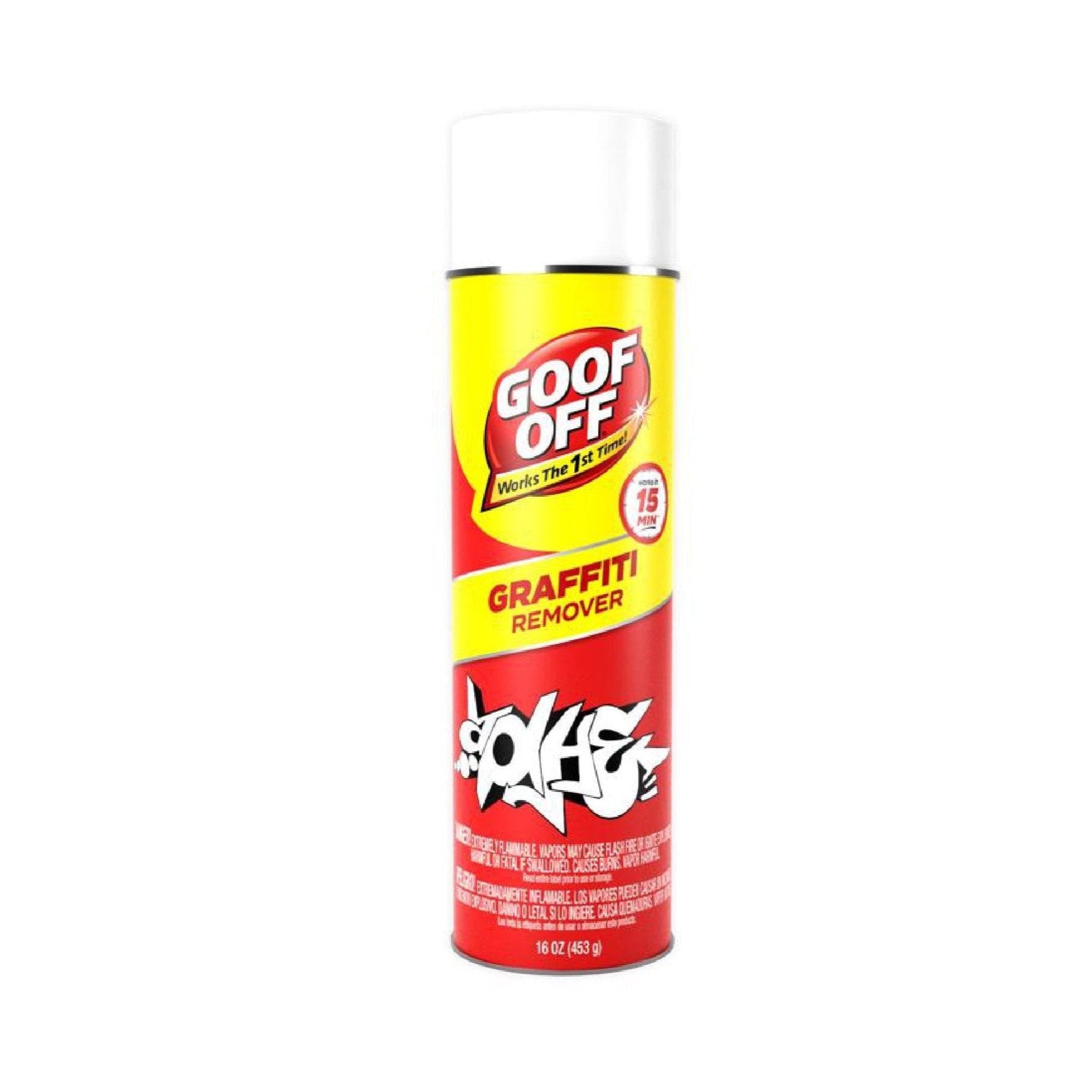 The GOOF OFF FG673 16 oz. Professional Strength Graffiti Remover can, with its yellow and red label featuring a graffiti-like graphic and nozzle top, is perfect for restoring properties with effective graffiti removal.