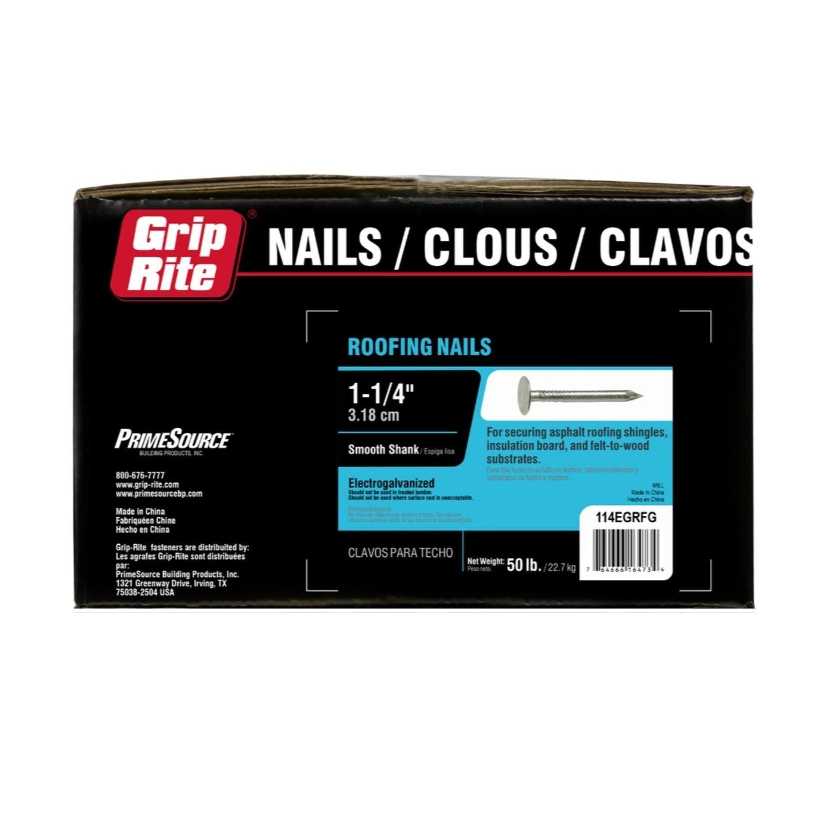 Image of a Grip-Rite box containing GRIP-RITE 114EGRFG #11 x 1-1/4 inch electrogalvanized roofing nails, perfect for asphalt shingles. The black box displays red and white text and multilingual labeling while highlighting durability with its electrogalvanized finish illustration.
