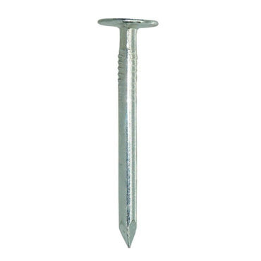 A Grip-Rite #11 x 1-1/2 in. electrogalvanized roofing nail with a flat round head and pointed tip is showcased on a white backdrop.