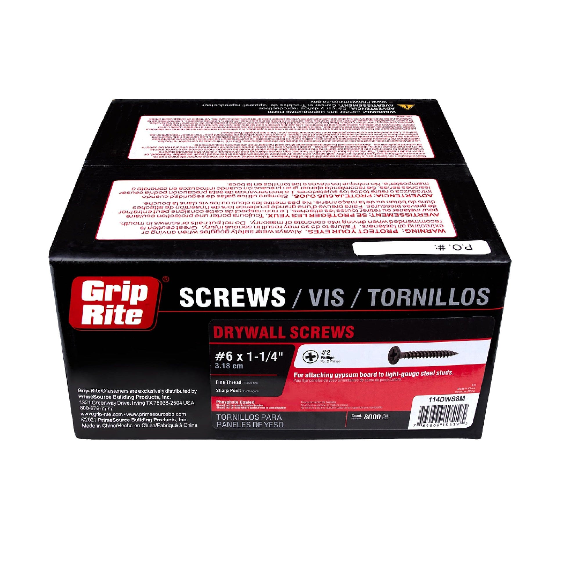 The Grip-Rite 114DWS8M #6 x 1-1/4 in. drywall screws come in a black and red box, featuring English, Spanish, and French text. With fine threads and black phosphate coating, these screws secure gypsum board to light-gauge steel studs efficiently.