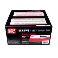 The Grip-Rite 114DWS8M #6 x 1-1/4 in. drywall screws come in a black and red box, featuring English, Spanish, and French text. With fine threads and black phosphate coating, these screws secure gypsum board to light-gauge steel studs efficiently.
