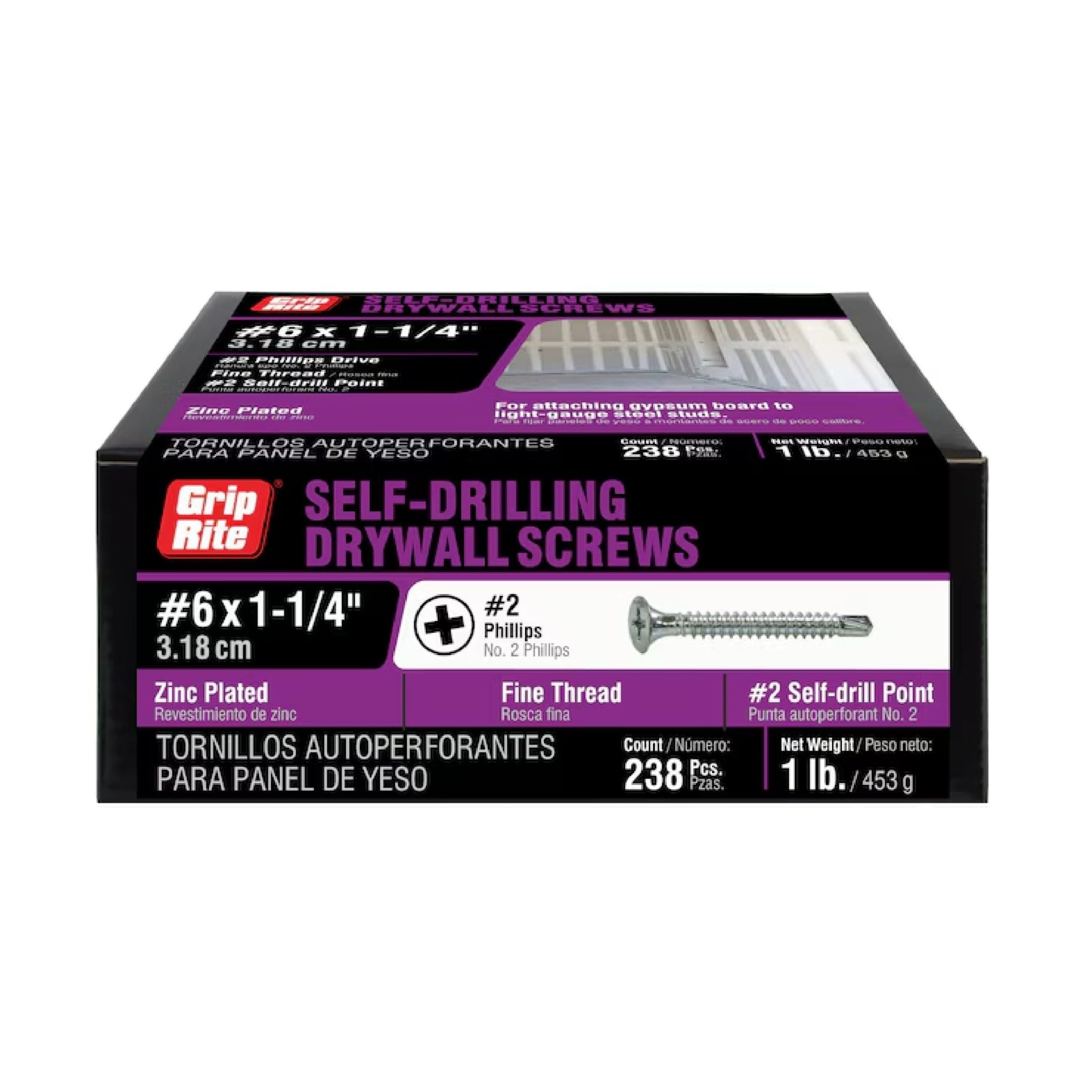 The GRIP-RITE 114ZSDS1 #6 x 1-1/4 in. drywall screws by Grip-Rite, meeting ASTM C1002 standards, are zinc plated with a fine thread and #2 Phillips head. The box contains 238 screws and weighs 1 lb (453 g).